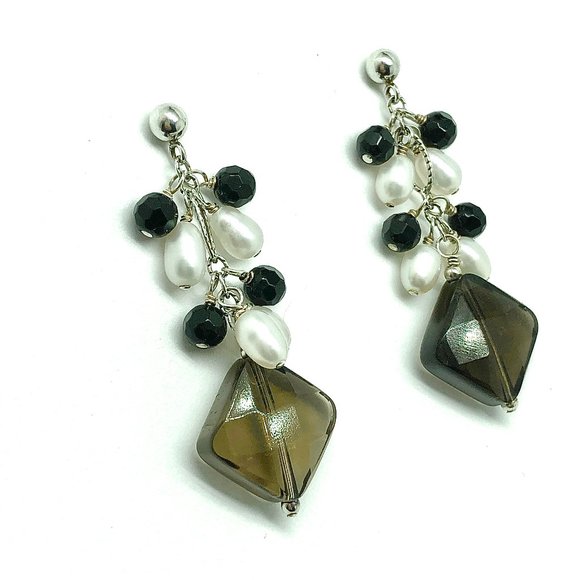 Flirty Sterling Silver Smoky Quartz Pearl Beaded Dangle Earrings - Picture 3 of 5